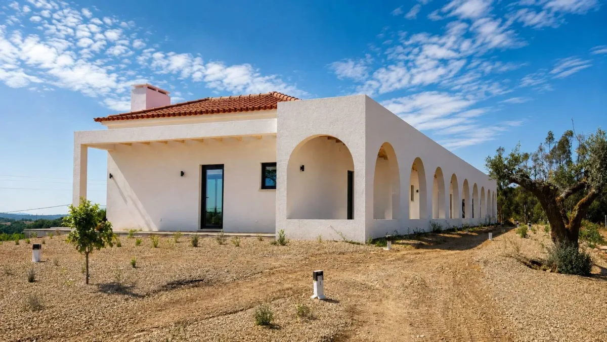 Edifício branco com arcos, telhado de terracota e uma oliveira sob um céu azul