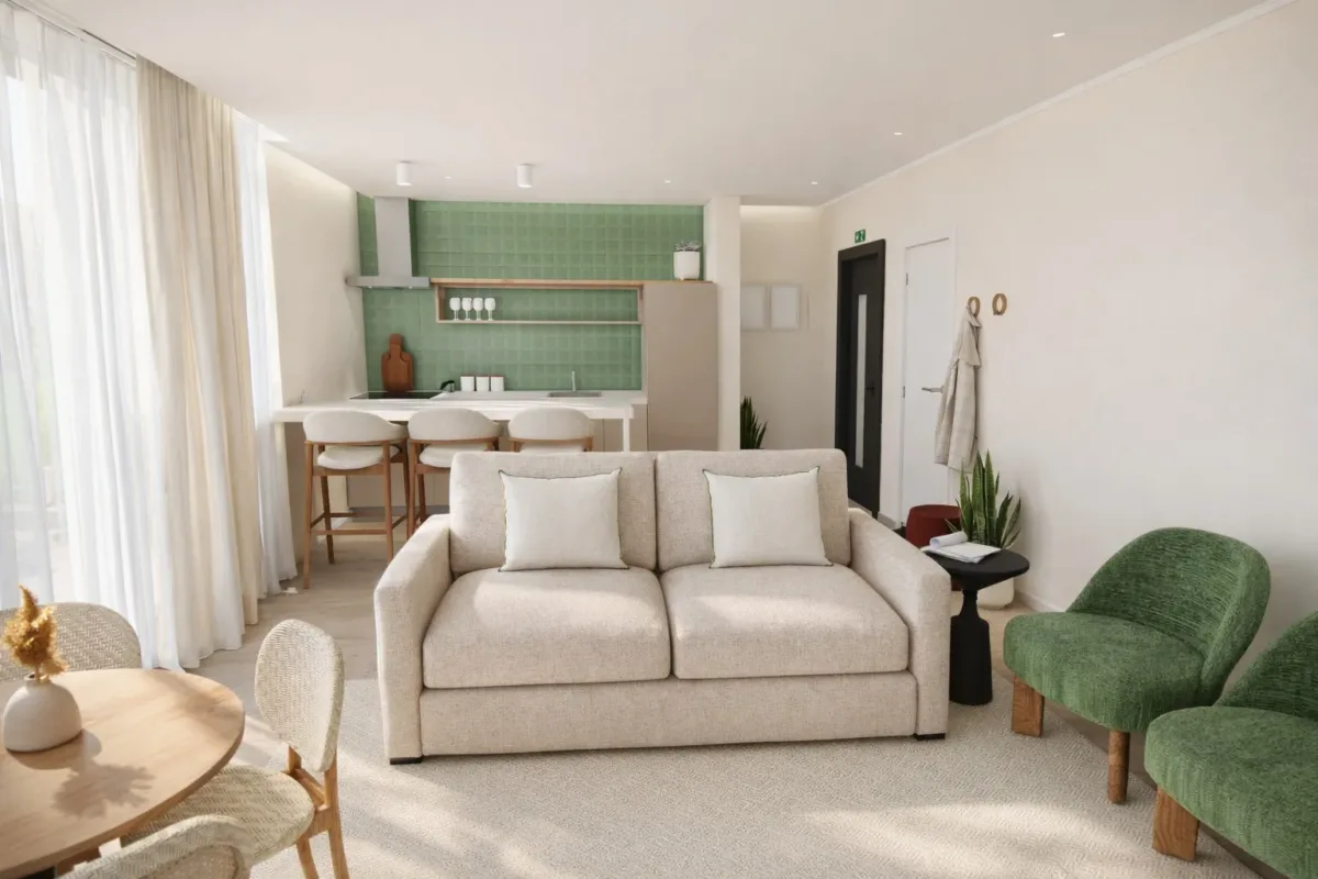 Render de uma sala com sofá, cadeirões verdes e kitchenette com azulejos verdes