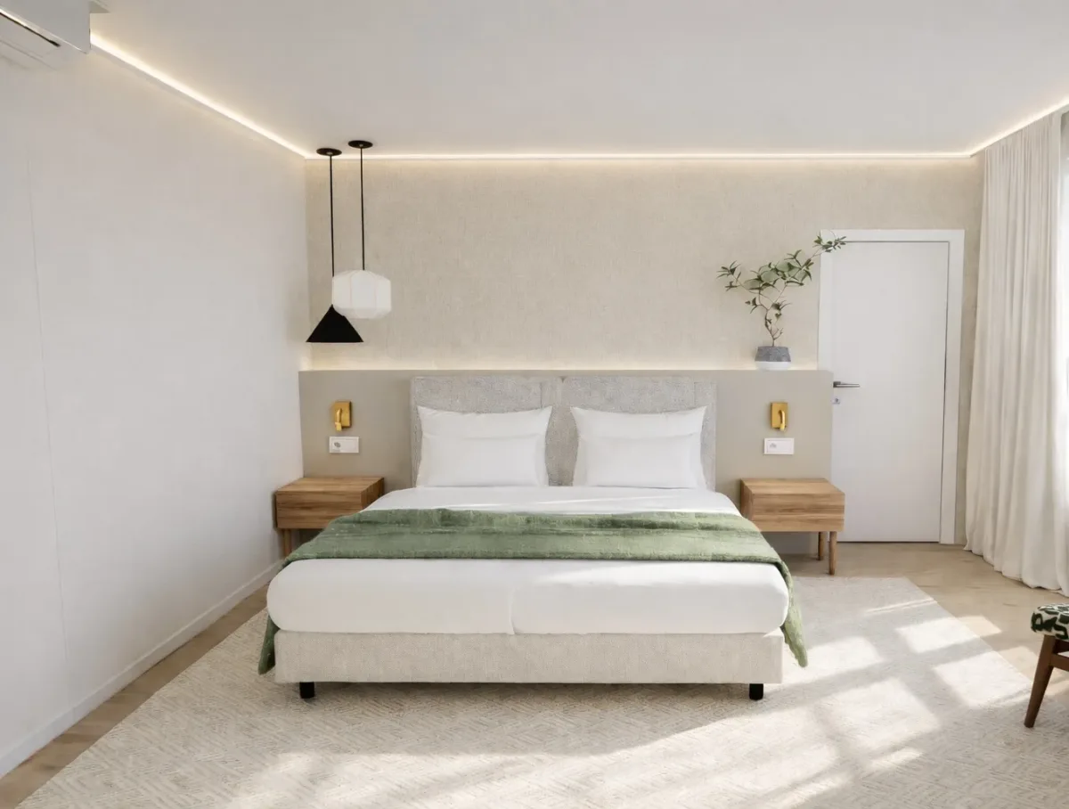 Render de um quarto com cama de casal, manta verde e dois candeeiros suspensos