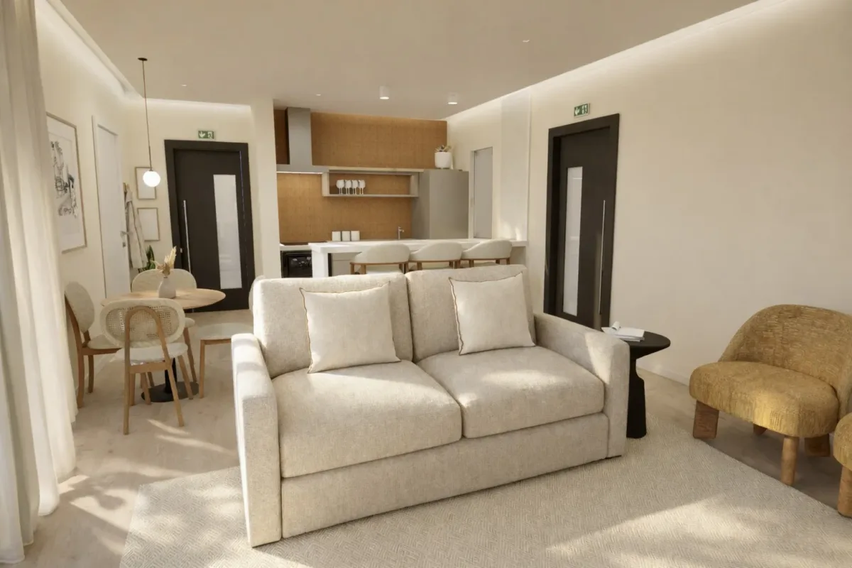 Render de uma sala com sofá, mesa de jantar e kitchenette aberta